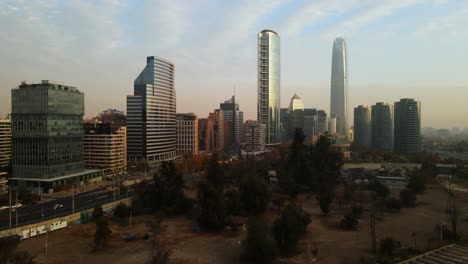 Aerial-establishing-shot-of-Sanhattan-district-from-Bicentenario-park-looking-to-the-towers