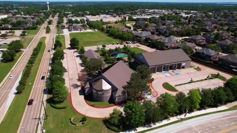 Aerial-footage-of-Faith-Lutheran-Church-in-Flowermound-Texas-located-at-6000-Morriss-Rd,-Flower-Mound,-TX-75028