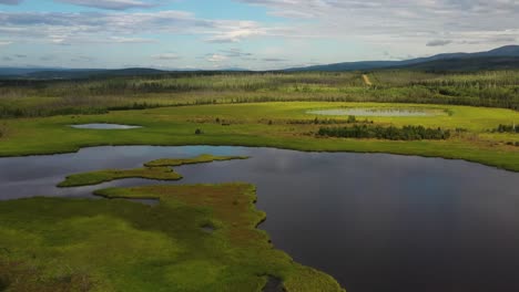 Luftaufnahme:-Flug-über-Ruhige-Seen-Und-Grüne-Wiesen-Mit-Wäldern-Und-Bergen-Im-Hintergrund-In-Alaska,-USA