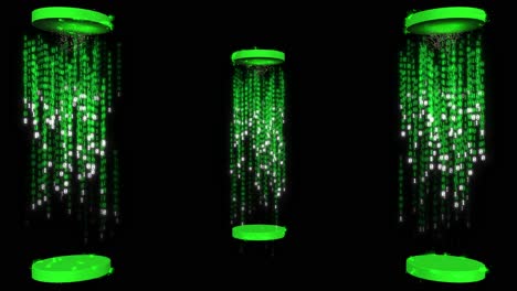Green-digital-data-matrix-effect-falling-from-within-3-circular-platforms-on-black-background-3D-animation