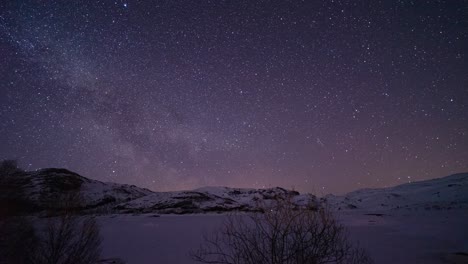 Timelapse-of-the-milkeyway-over-a-frozen-lake-and-snow-in-Norway