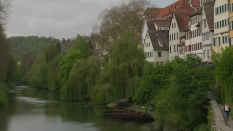 Tourist-walking-along-path-overlooking-river-as-birds-fly-near-in-downtown-Tubingen-historic-district-in-Balvaria-at-noon,-Germany,-Europe,-panning-shot