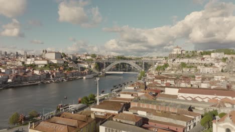 Above-wine-cellars-in-Vila-Nova-de-Gaia,-with-a-view-to-Douro-river-and-Porto