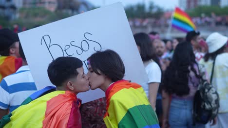 A-static-shot-of-a-couple-is-kissing-during-the-Monterrey-pride-event