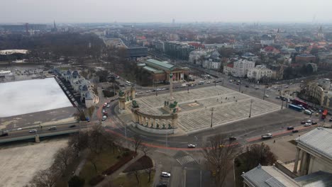 4K-drone-shot-over-Heroes-square-in-Budapest-Hungary-during-a-foggy-day-1