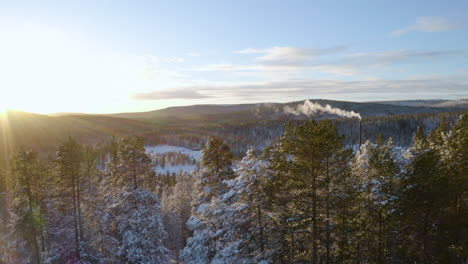 Aerial-view-towards-rural-forested-smoking-cabins-surrounded-by-sunrise-snow-covered-Scandinavian-woodland-landscape