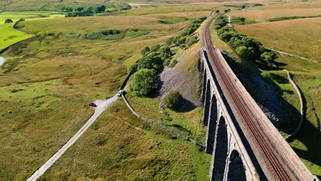 Aerial-footage-of-Ribblehead-Viaduct,-the-longest-and-the-third-tallest-structure-on-the-Settle-Carlisle-railway-line