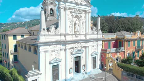 Italian-Church-revealed,-Drone-Aerial-Shot-in-Santa-Margherita-Ligure-Portofino,-Italy