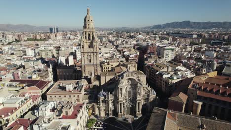 Impressive-aerial-view-of-Cathedral-Church-of-Saint-Mary,-Murcia