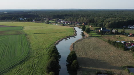 Aerial-countryside-shot-of-a-curvy-river-among-the-fields-and-farms-of-a-small-village-by-the-forest