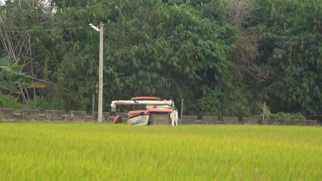 Slow-zoom-out-shot-of-cultivated-rice-paddy-field,-harvesting-crops-with-multifunctional-machine-rice-harvester-tractor,-reaping,-threshing,-and-winnowing-at-Douliu-city,-Yunlin-county,-Taiwan