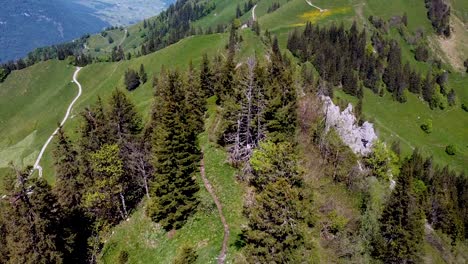 Aerial-View-From-Drone-Men-Walking-Along-Top-Of-Swiss-Mountain