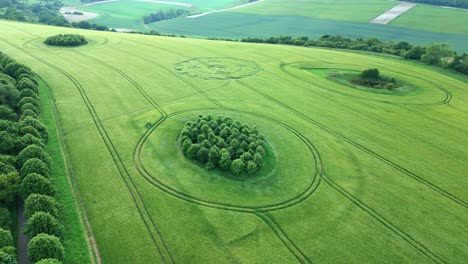 Aerial-view-towards-Wiltshire-mathematical-crop-circle-formation-in-lush-agricultural-countryside-meadow-2022