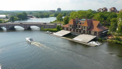 Slow-Push-In-to-Weld-Boat-House,-Home-of-the-Harvard-Rowing-Team