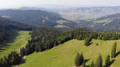 Aerial-panorama-of-peaceful-alpine-valley-with-hiking-trails-in-Switzerland