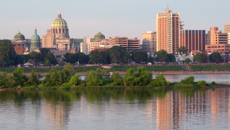 A-view-of-the-Harrisburg-city-skyline-from-across-the-Susquehanna-River-in-the-evening-light