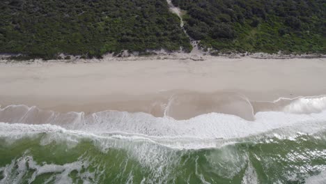 Sandy-Shore-And-Ocean-Waves-Of-Seven-Mile-Beach-In-New-South-Wales,-Australia---aerial-drone-shot