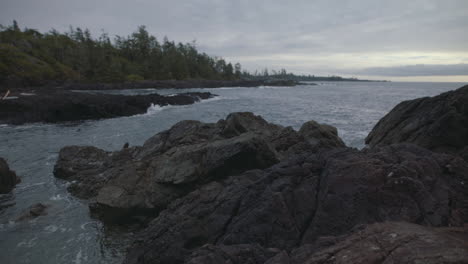 Overcast-Twilight-on-a-Rocky-shore-in-Ucluelet,-Vancouver-Island,-Canada