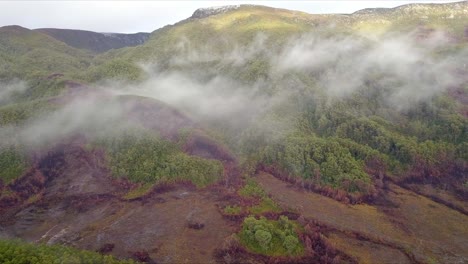 Aerial-flight-over-foggy-mountains-and-green-and-red-forest-in-Tasmania-in-Australia,-long-shot-dolly-right