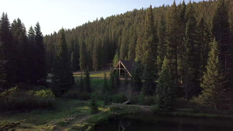 Flug-Durch-Bäume-Und-Auf-Eine-Holzhütte-In-Einem-Wald-In-Colorado-Zu