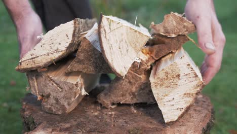 Man-picks-up-stacked-pile-of-chopped-logs-for-fire