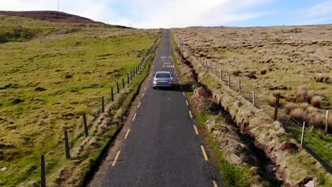 Eine-Schmale-Landstraße-In-Der-Grafschaft-Kerry,-Irland,-Führt-Durch-Eingezäuntes-Weideland-Mit-Schafen,-Die-Auf-Grünem-Gras-Grasen