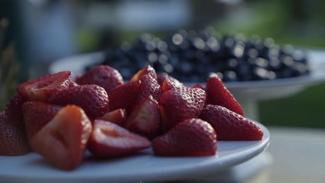 Close-up-of-a-plate-of-strawberries-outside-at-a-wedding-reception-with-a-plate-of-blueberries-in-the-background