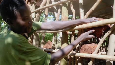 Close-shot-of-an-African-packing-in-bricks-in-between-the-wooden-framework-of-a-traditional-styled-village-hut