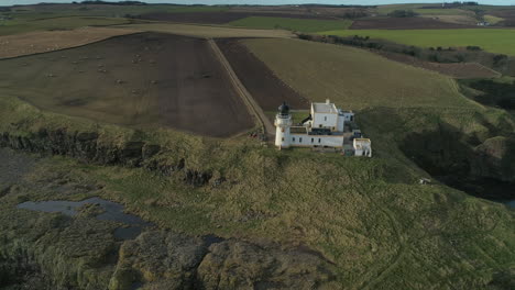 Aerial-view-of-Todd-Head-lighthouse-in-Aberdeenshire,-Scotland