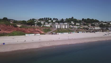 An-aerial-view-of-the-beautiful-pebble-beaches-of-Budleigh-Salterton,-a-small-town-on-the-Jurassic-Coast-in-East-Devon,-England-near-Exeter
