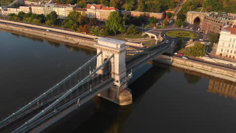 Aerial-view-to-Chain-bridge-and-the-city,-Budapest,-Hungary