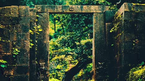 Ancient-stone-door-in-the-middle-of-a-forest,-surrounded-by-shrubs-and-plants