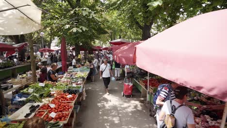Farmers-market-busy-with-people-in-Pula,-Croatia