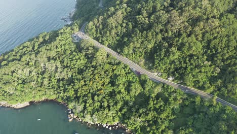 Drone-view-distancing-showing-cars-passing-by-the-jungle-mountain-from-Interpraias-road-at-Balneario-Camboriu,-Santa-Catarina,-Brazil
