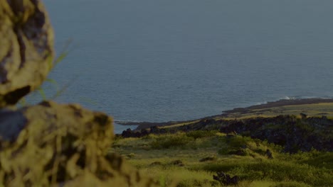 Aufnahme-Hinter-Einer-Felsigen-Hawaiianischen-Landschaft,-Die-Den-Blick-Auf-Den-Pazifischen-Ozean-Bei-Sonnenuntergang-Freigibt