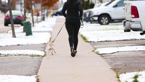 Young-woman-running-on-the-sidewalk-with-her-dog-in-the-winter