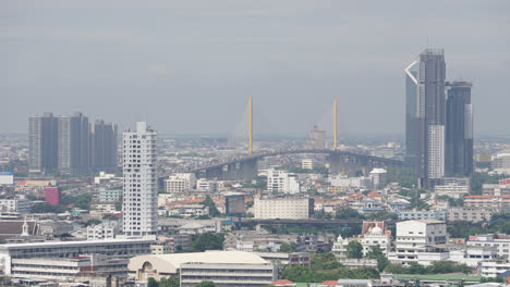 Bangkok-Thailand---Circa-Time-lapse-locked-shot-of-busy-Bangkok,-Rama-V-Bridge-landmark,-daytime-white-haze-sky