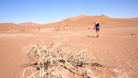Young-Millenial-Woman-Walking-in-the-Sossusvlei,-Namibia-with-a-Bottle-of-Water-and-T-Shirt