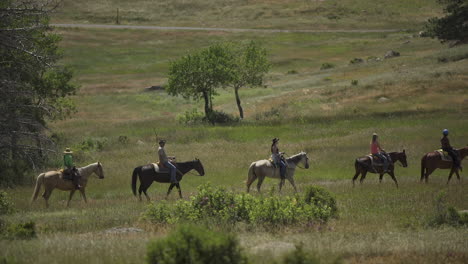 Group-of-tourists-go-horseback-riding-in-national-park