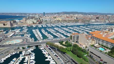 Aerial-of-France,-Cote-d'azur,-Menton,-Old-Port-of-Marseille-and-sea-in-French-riviera