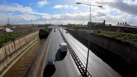 Time-lapse,-of-the-A50,-A500-dual-carriage-way,-motorway-near-the-Stoke-on-Trent-City-centre,-the-main-carriageway-in-the-midlands,-busy-commuter,-logistical-throughway-for-lorries-and-all-transport