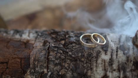 Wedding-rings-on-top-of-a-wooden-log-with-smoke-blowing-in-4K