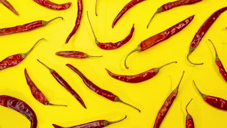 Red-Chile-de-árbol-chilies-stop-motion-movement-as-pattern-on-fun-vibrant-yellow-background-4k