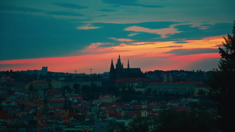 Prague,-Czech-Republic-7th-of-June-2019---Prague-Castle-as-viewed-from-Rieger-Gardens,-Riegrovy-sady-at-sunset-in-summer-time-lapse