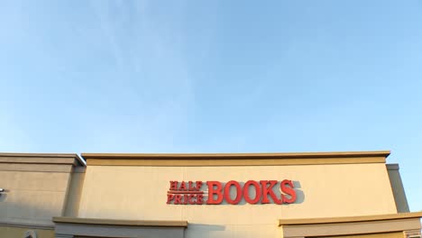 Half-Price-Books-Retail-Store-Establishing-Shot-Pan-Down-From-Sky