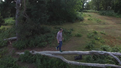 Shot-following-a-man-walking-up-a-fallen-tree-trunk-in-the-English-countryside