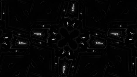 Schwarz-weiße,-Kreuzförmige,-Leuchtende-Kaleidoskopbewegung-Mit-Kristallähnlicher-Struktur,-Schleifenfähige-3D-CGI-Rendering-Animation