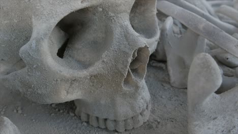 Still-shot-of-human-skull-detail-and-bones-in-dust