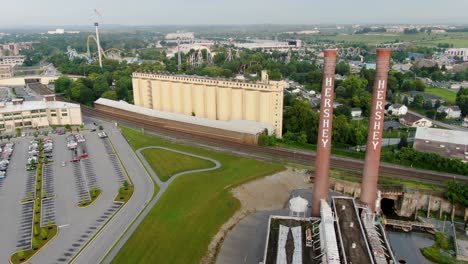 Descending-aerial-drone-view-of-Hershey-Chocolate-Company-world-headquarters