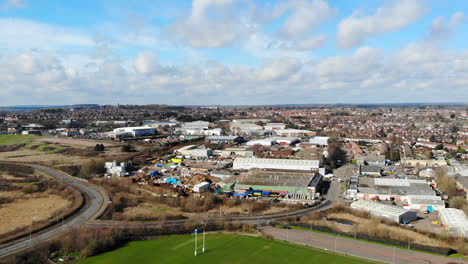 Aerial---An-industrial-area-in-Northampton,-a-sunny-day-with-a-view-from-the-sky-in-United-Kingdom,-Europe